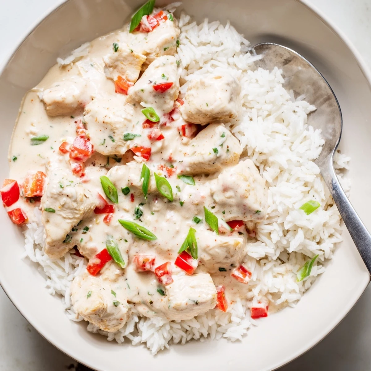 Savory Cajun chicken and peppers in cream sauce served over steamed rice garnished with parsley