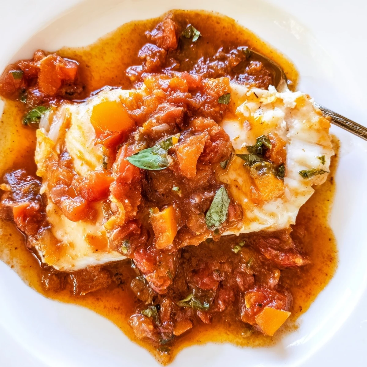 Golden halibut fillets poached in vibrant tomato-butter sauce with fresh basil garnish