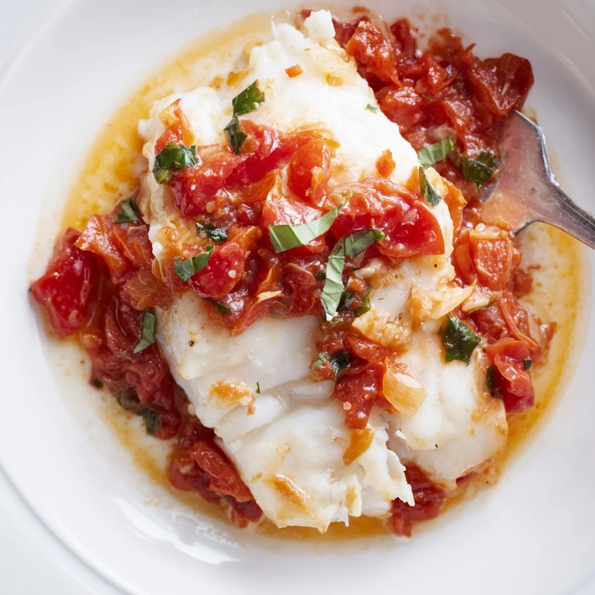 Succulent grill-poached halibut swimming in rich tomato butter sauce on a white plate