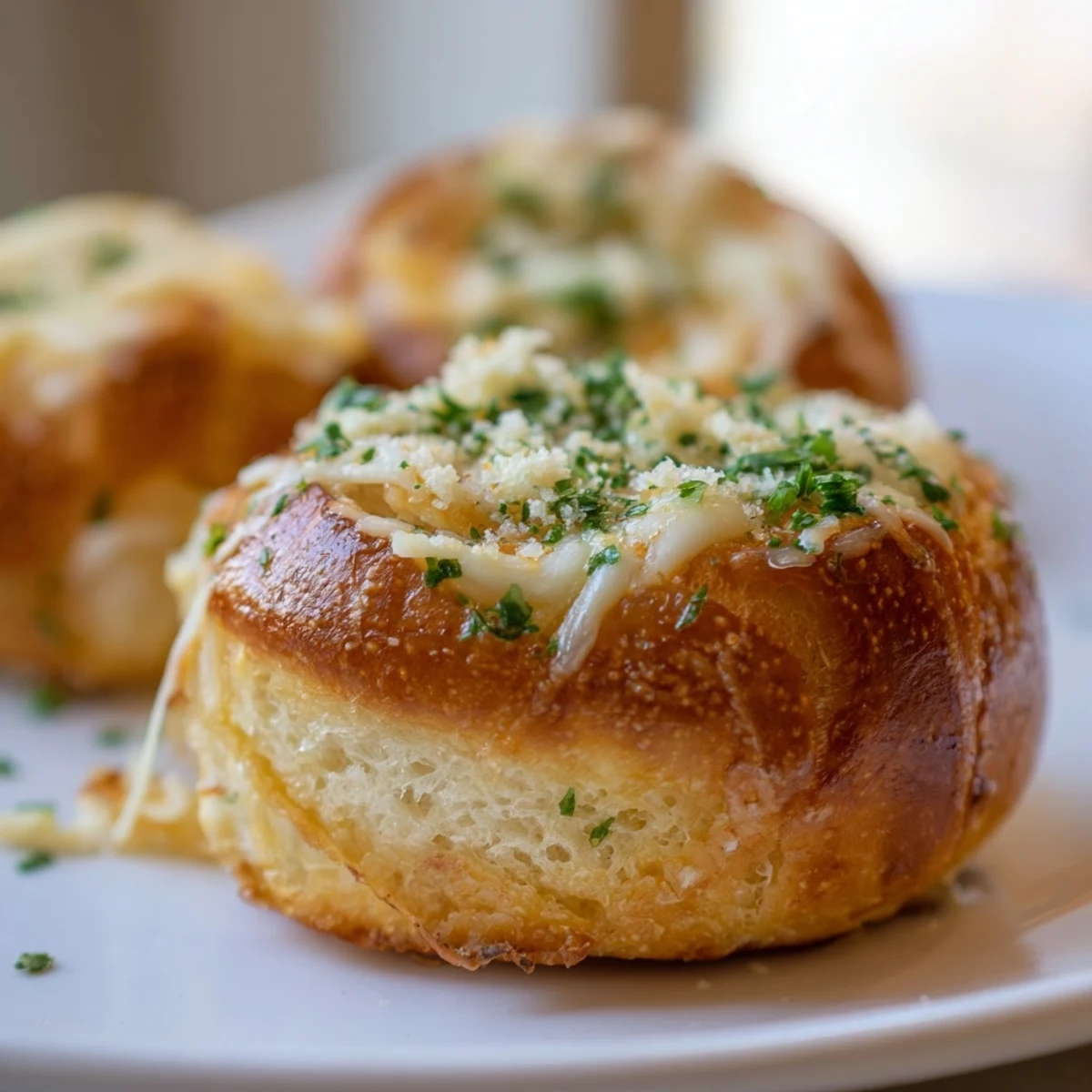 Golden brown mini Hawaiian rolls stuffed with melted mozzarella and cheddar cheese, brushed with garlic butter