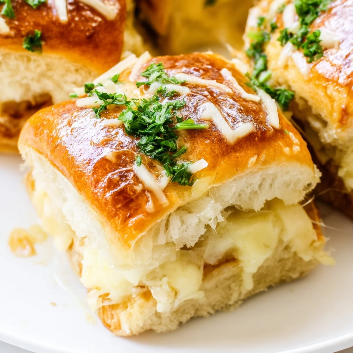 Warm sweet Hawaiian rolls layered with melted cheese and sprinkled with fresh parsley and Parmesan
