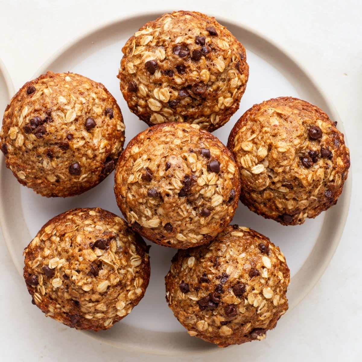Freshly baked banana oatmeal muffins with golden tops and visible oats on a paper-lined muffin tin
