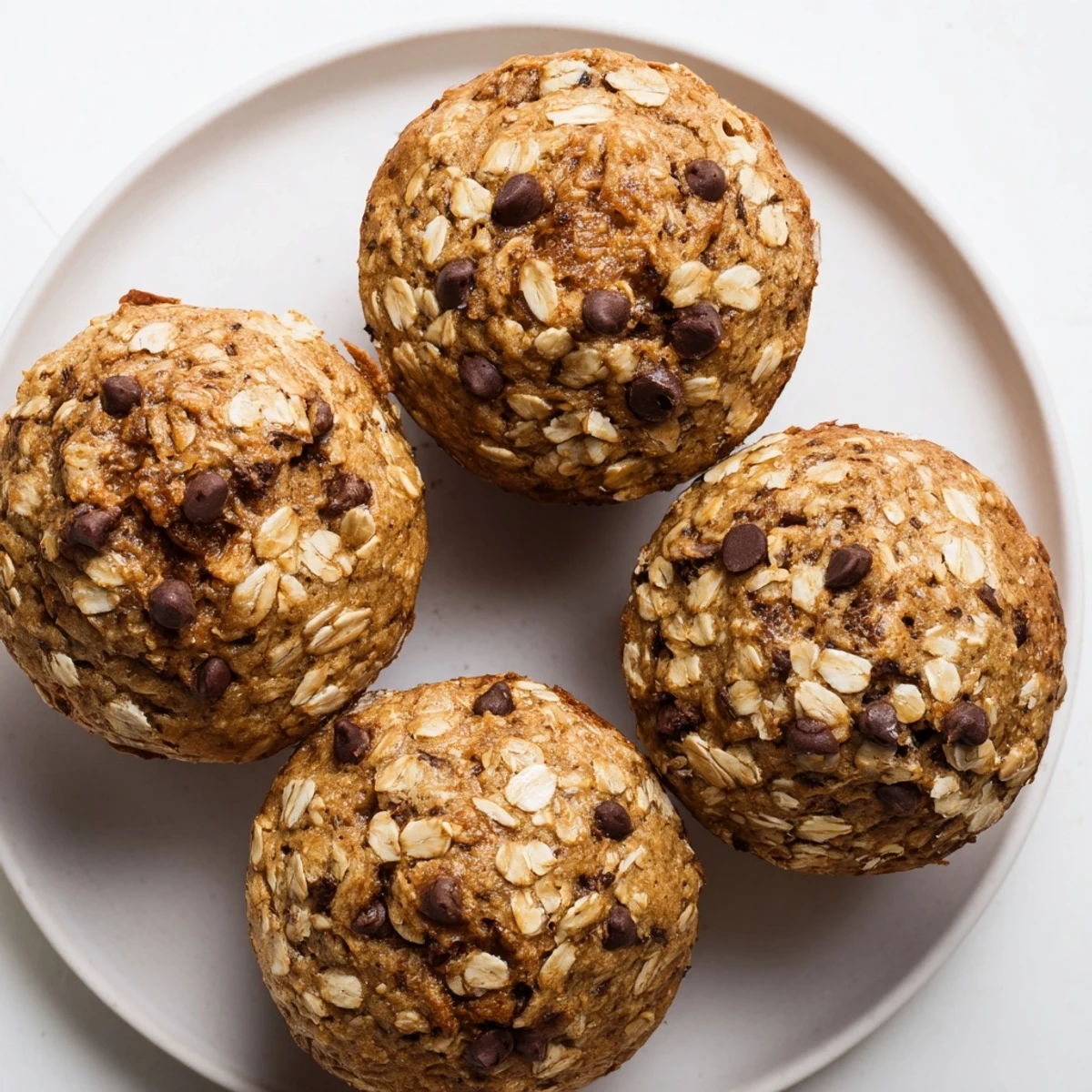 Moist banana oatmeal muffins studded with chocolate chips and walnuts, dusted with powdered sugar on a rustic wooden board