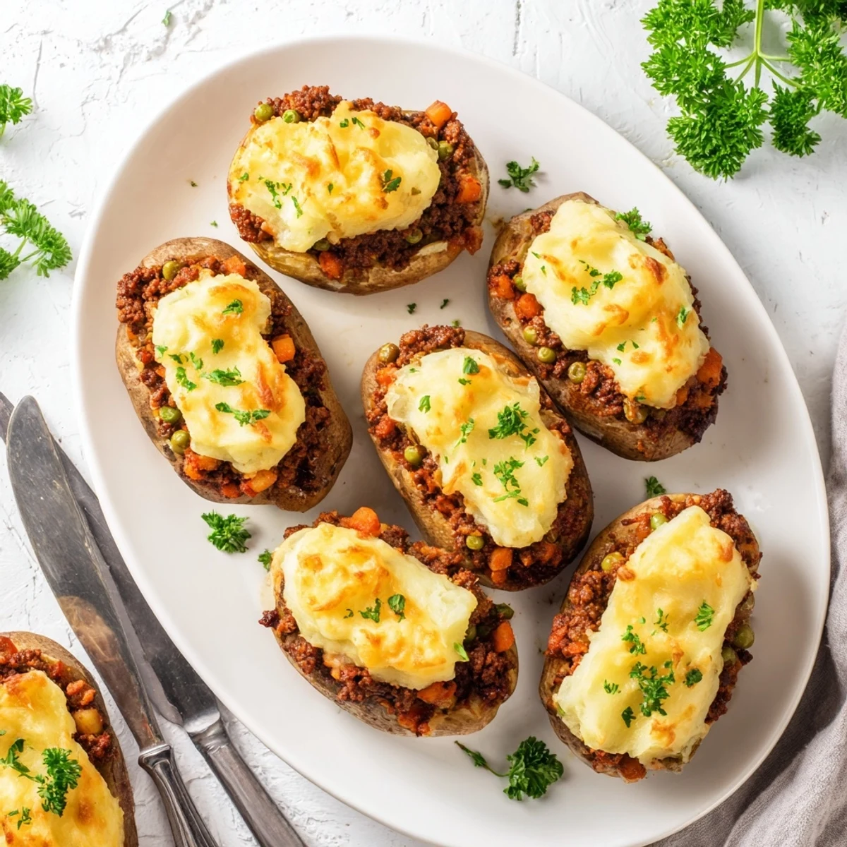 Golden Shepherd's pie baked potato with fluffy mashed potato topping and savory lamb filling