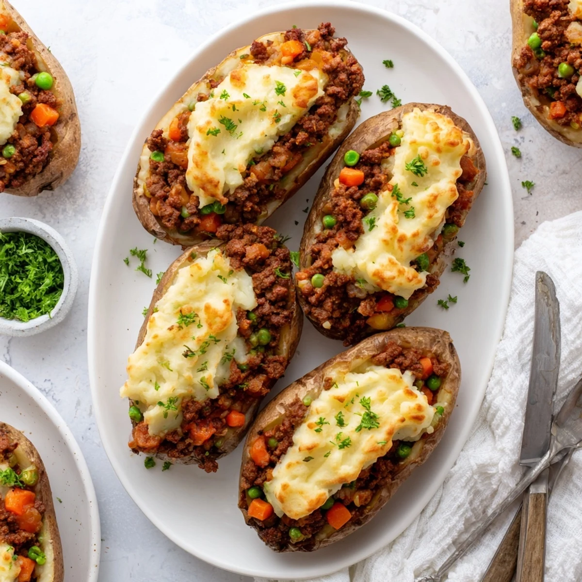 Creamy mashed potato topped Shepherd's pie baked potato with rich lamb gravy and fresh parsley