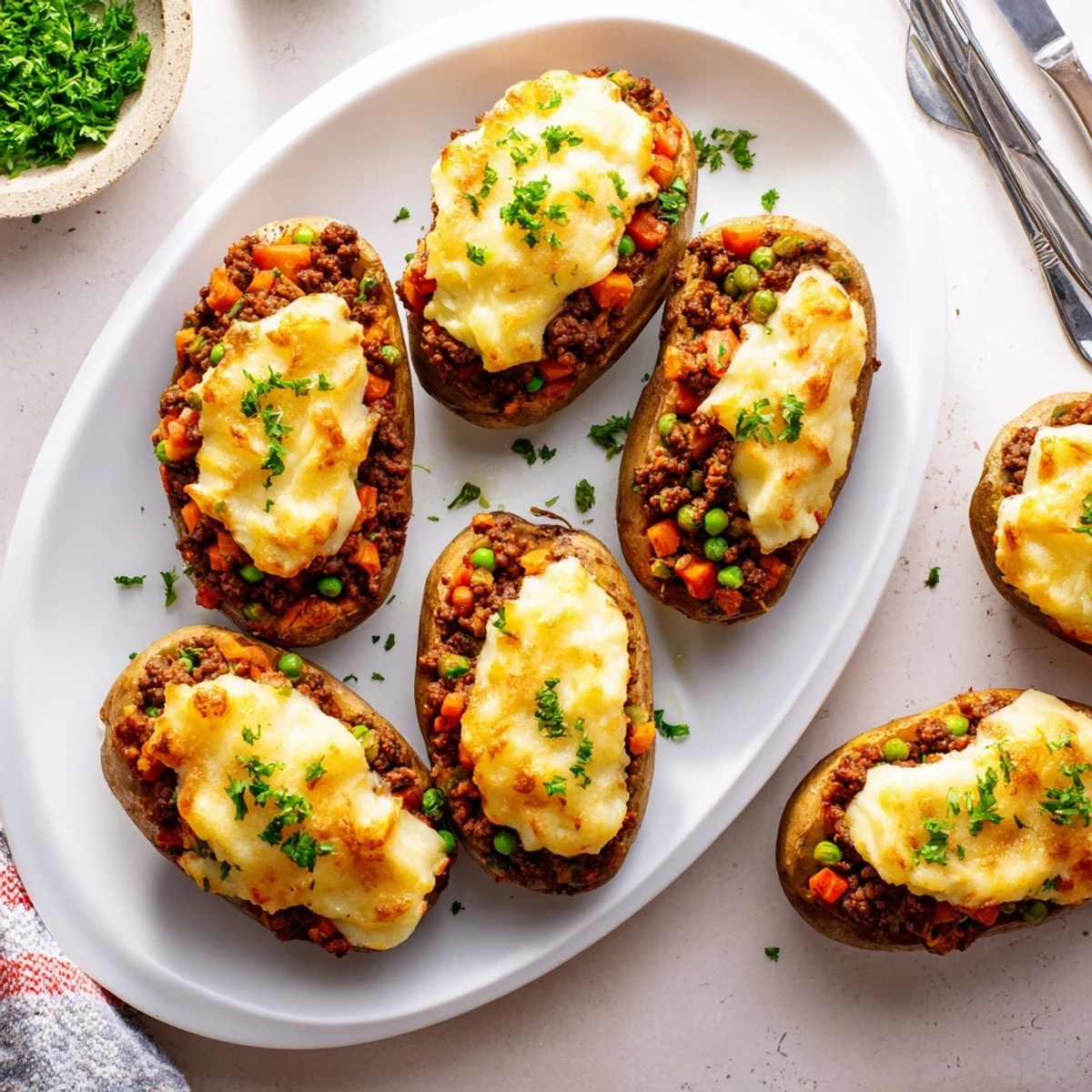 Hearty Shepherd's pie baked potato featuring seasoned ground lamb vegetables and buttery mashed crust