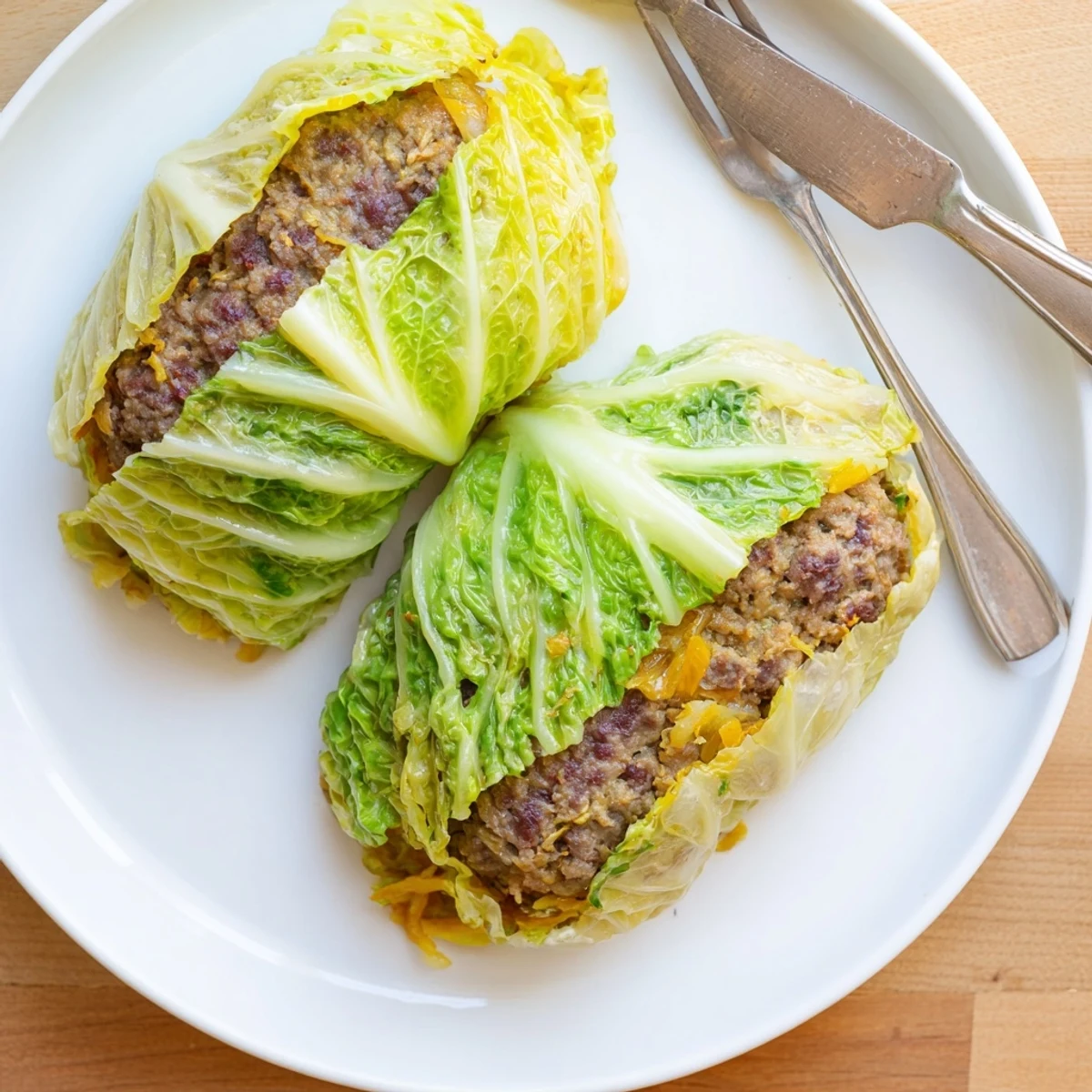Golden oven baked cabbage burger wrapped in tender green leaves with melted cheddar cheese
