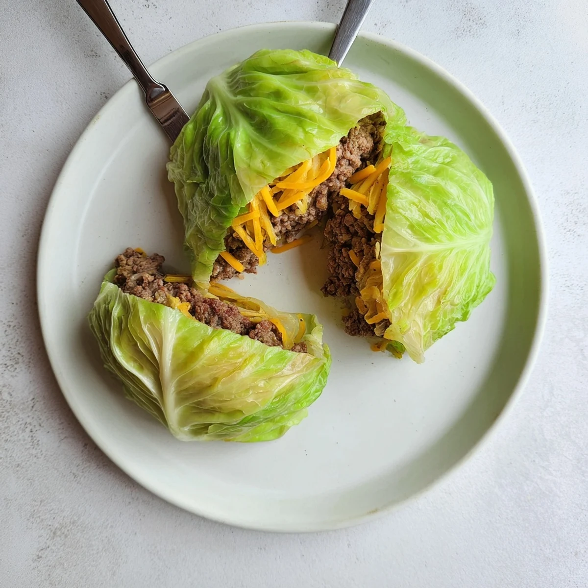 Low carb oven baked cabbage burger featuring seasoned meat patties enveloped in soft wilted cabbage