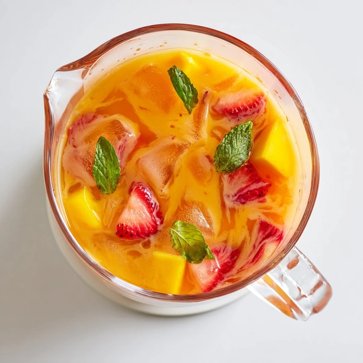 Golden mango strawberry lemonade garnished with fresh mint slices and ice in a clear glass