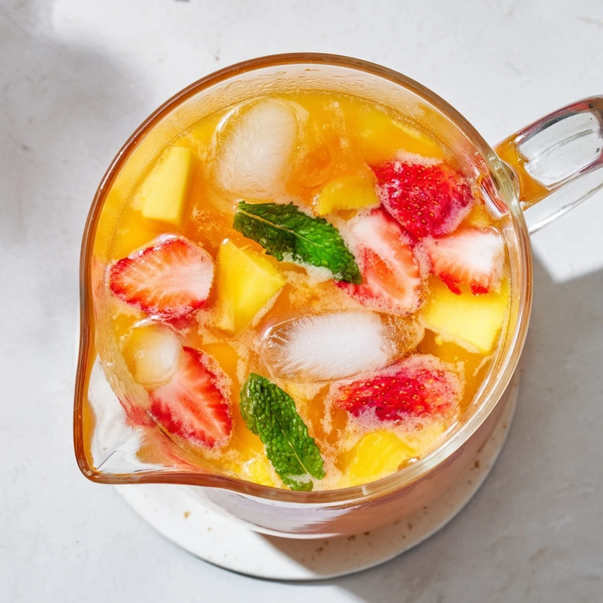 Tall glass of chilled mango strawberry lemonade with whole strawberry and mango slices on rim