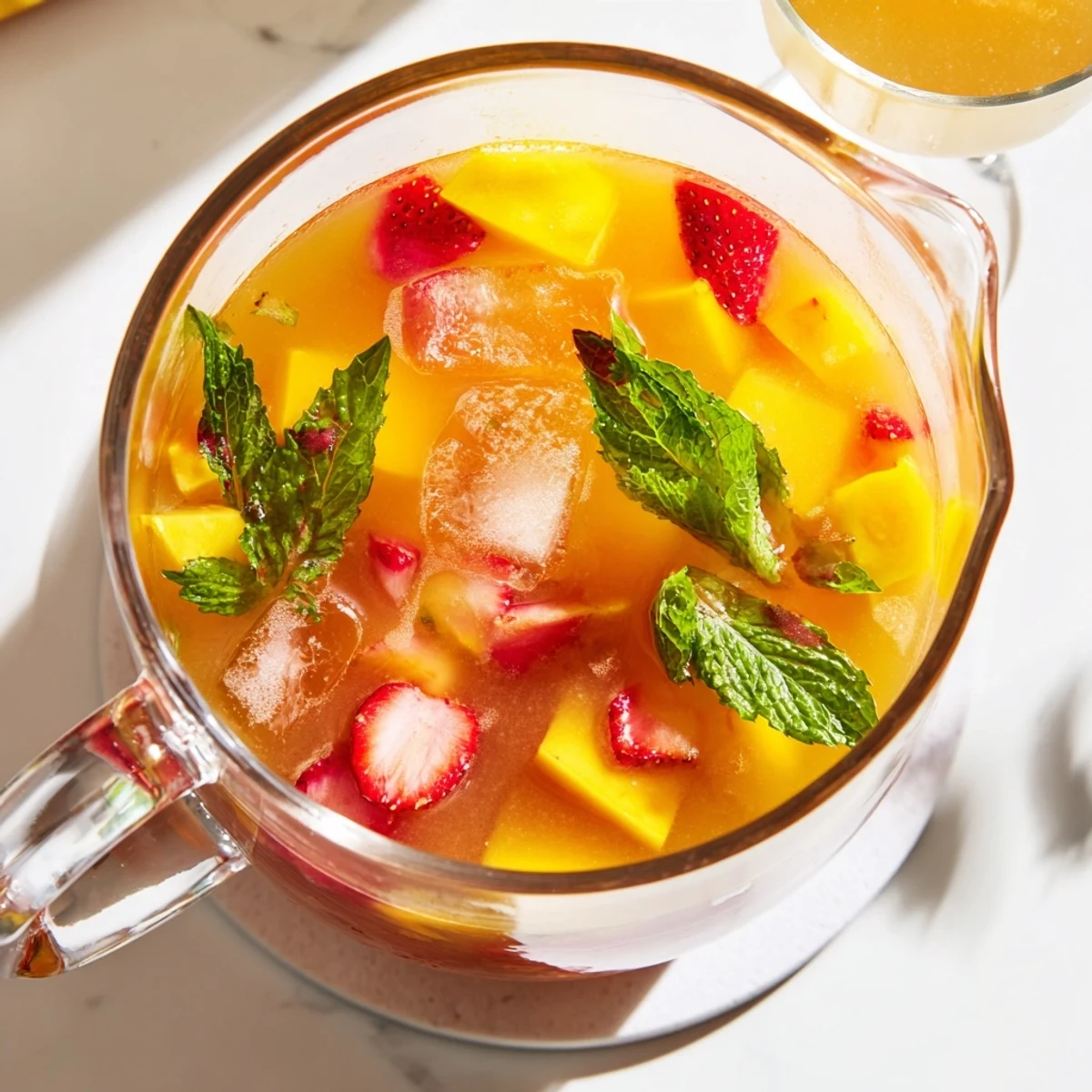 Vibrant pitcher of refreshing mango strawberry lemonade blend with colorful fruit garnish on wooden table
