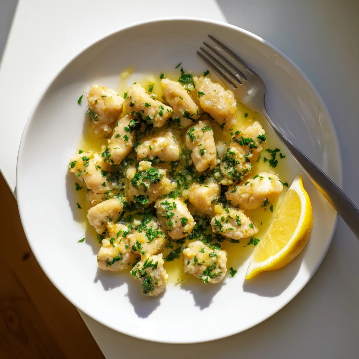 Savory garlic butter chicken bites plated with fresh herbs for an easy gluten-free dinner