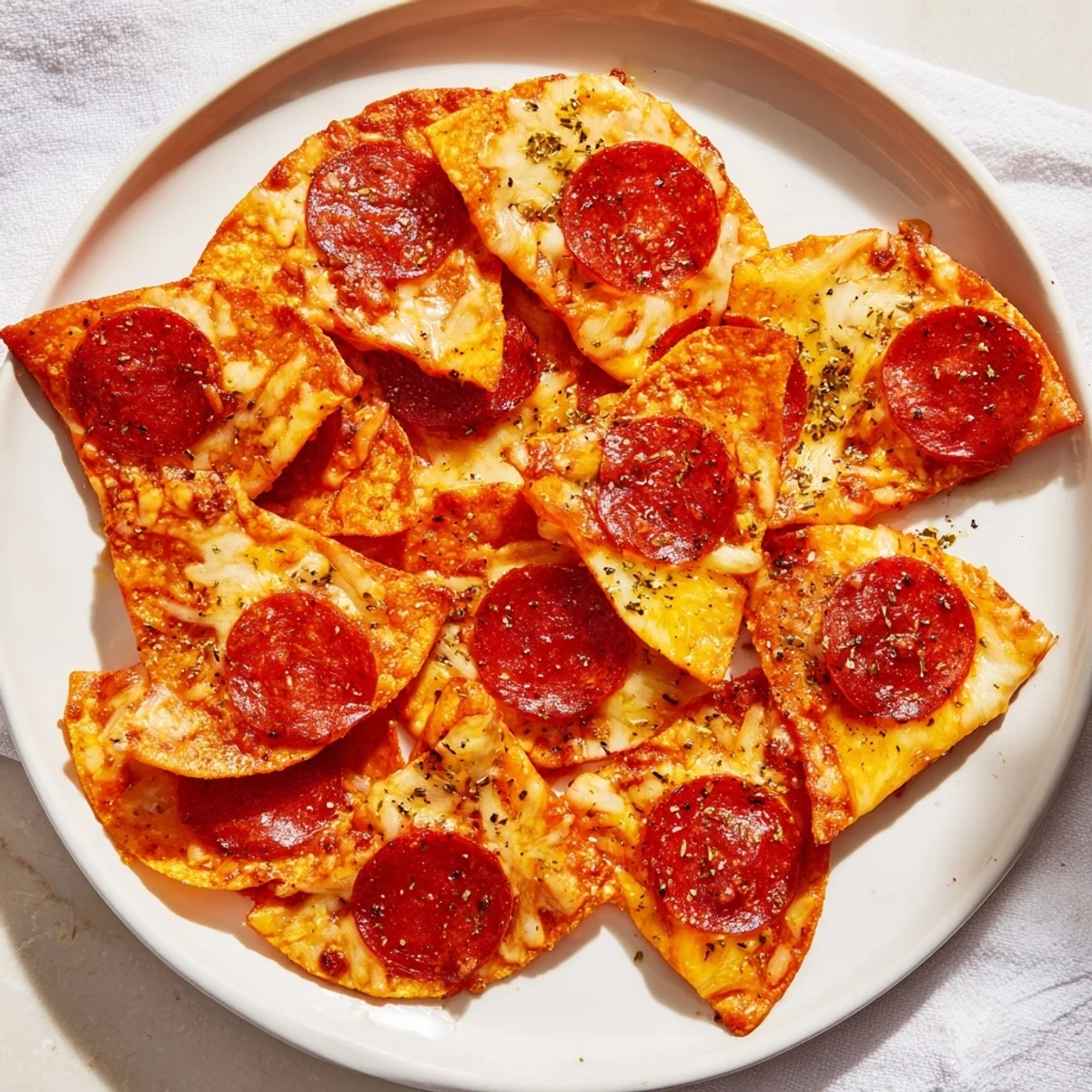 Golden crispy pepperoni cheese chips arranged on a white serving plate with bubbling melted cheddar and mozzarella topping