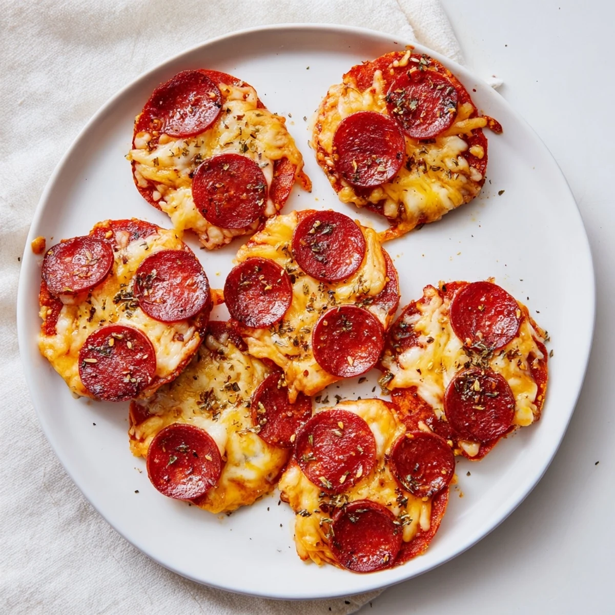 Baked pepperoni slices topped with mixed shredded cheeses, golden and crispy with edges curled up from the oven