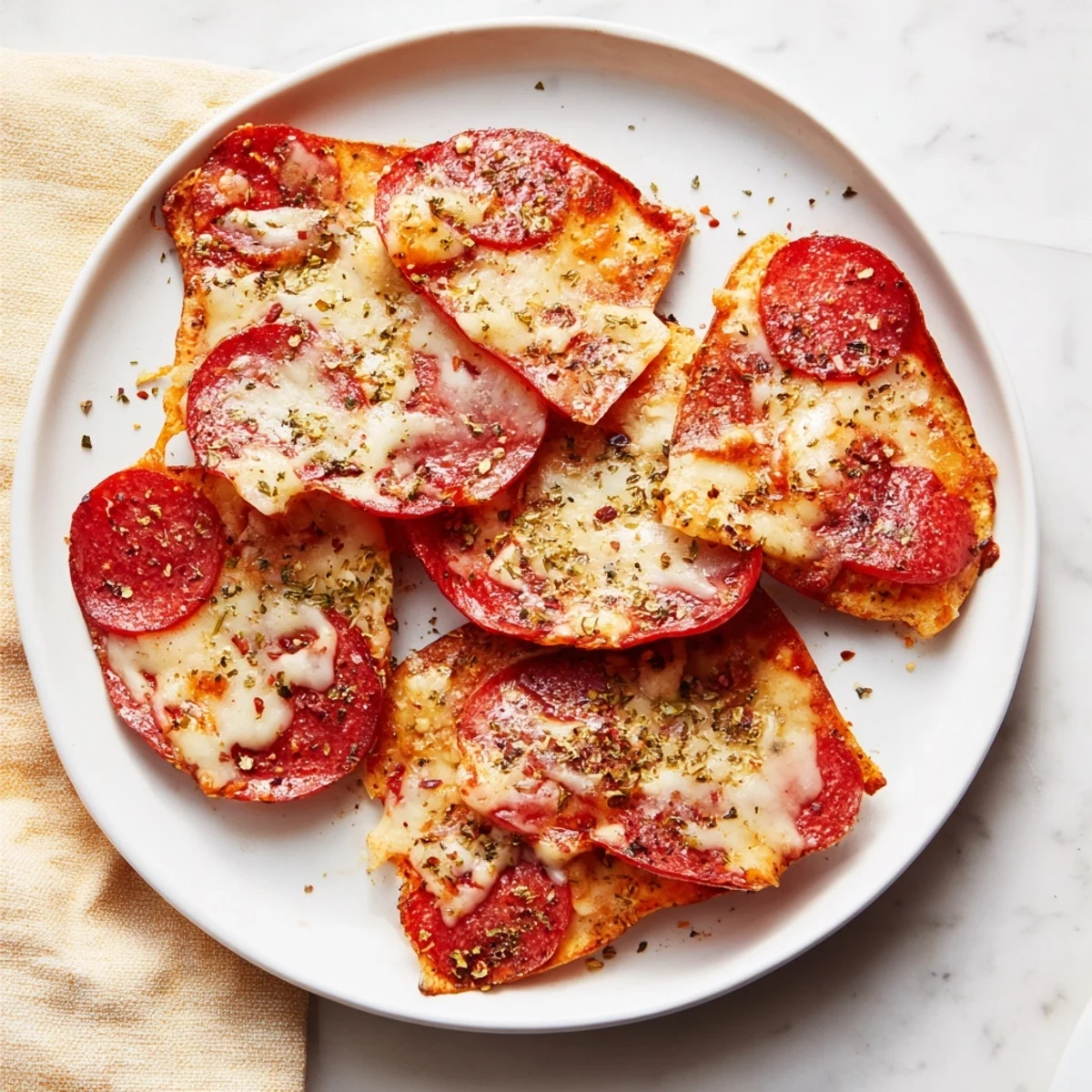 Homemade pepperoni cheese chips cooling on a baking sheet, showing bubbly cheese topping and crisp pepperoni edges