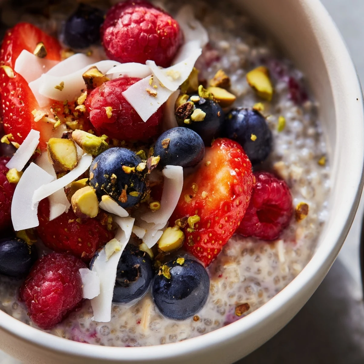 Vegan chia pudding recipes swirl with almond milk and vanilla, garnished with pistachios and cacao nibs