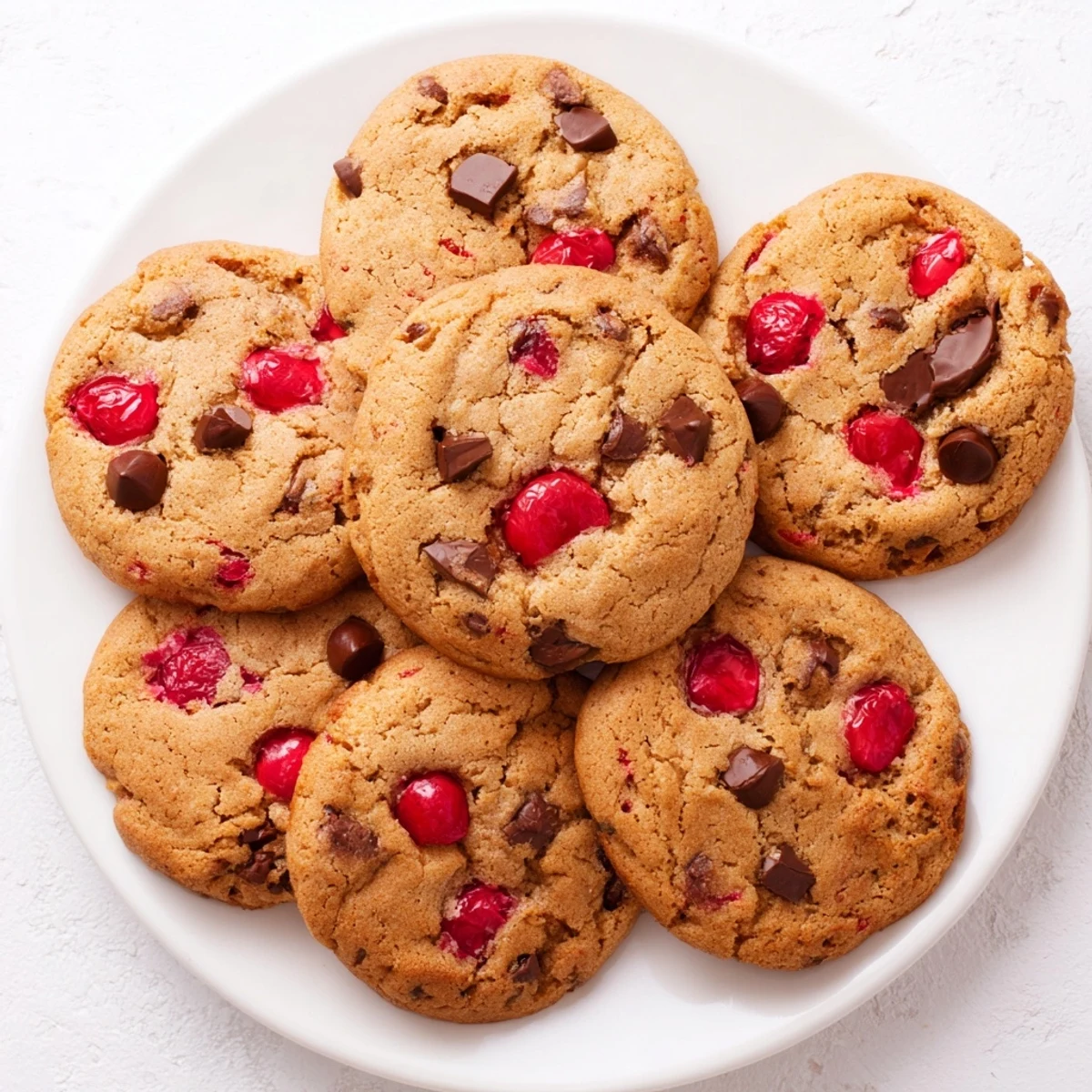 Soft baked maraschino cherry chocolate chip cookies on a wire cooling rack, featuring bright red cherry pieces and melted chocolate chunks.