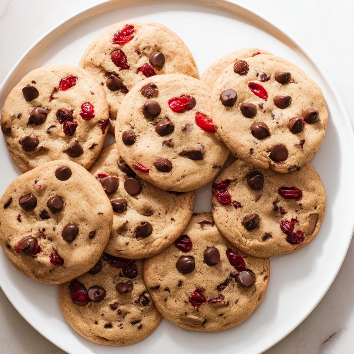Freshly baked maraschino cherry chocolate chip cookies stacked on a wooden cutting board, showcasing golden edges and colorful cherry bits throughout.