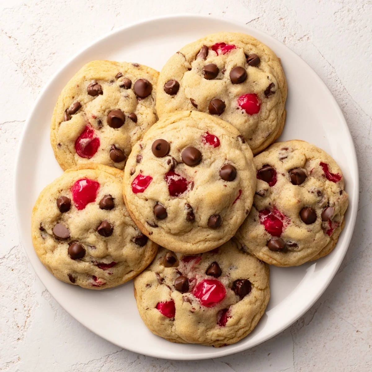 Close-up of warm maraschino cherry chocolate chip cookies on a white plate, highlighting the chewy texture and sweet cherry chocolate combination.