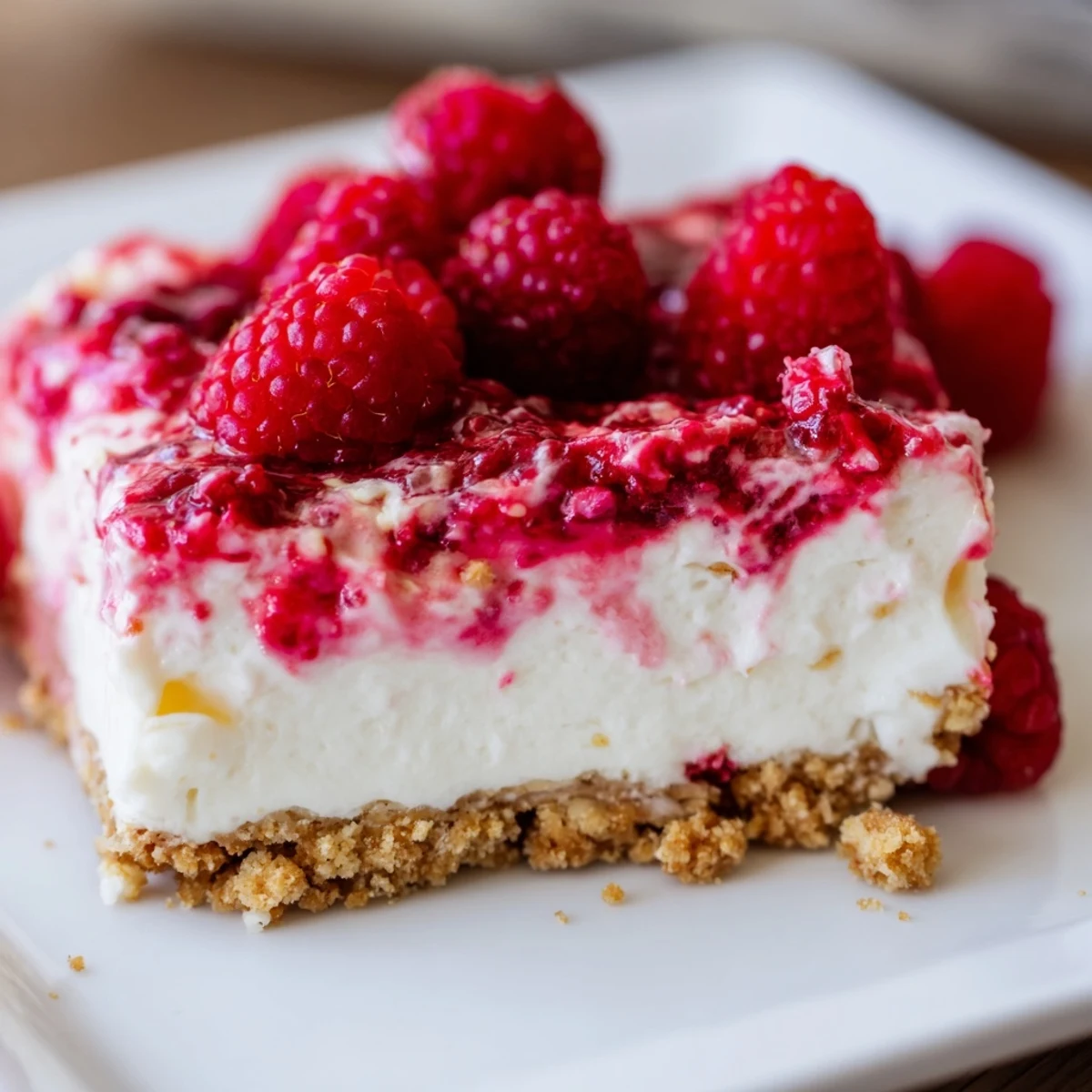 No bake raspberry cream dessert with fresh berries on graham cracker crust