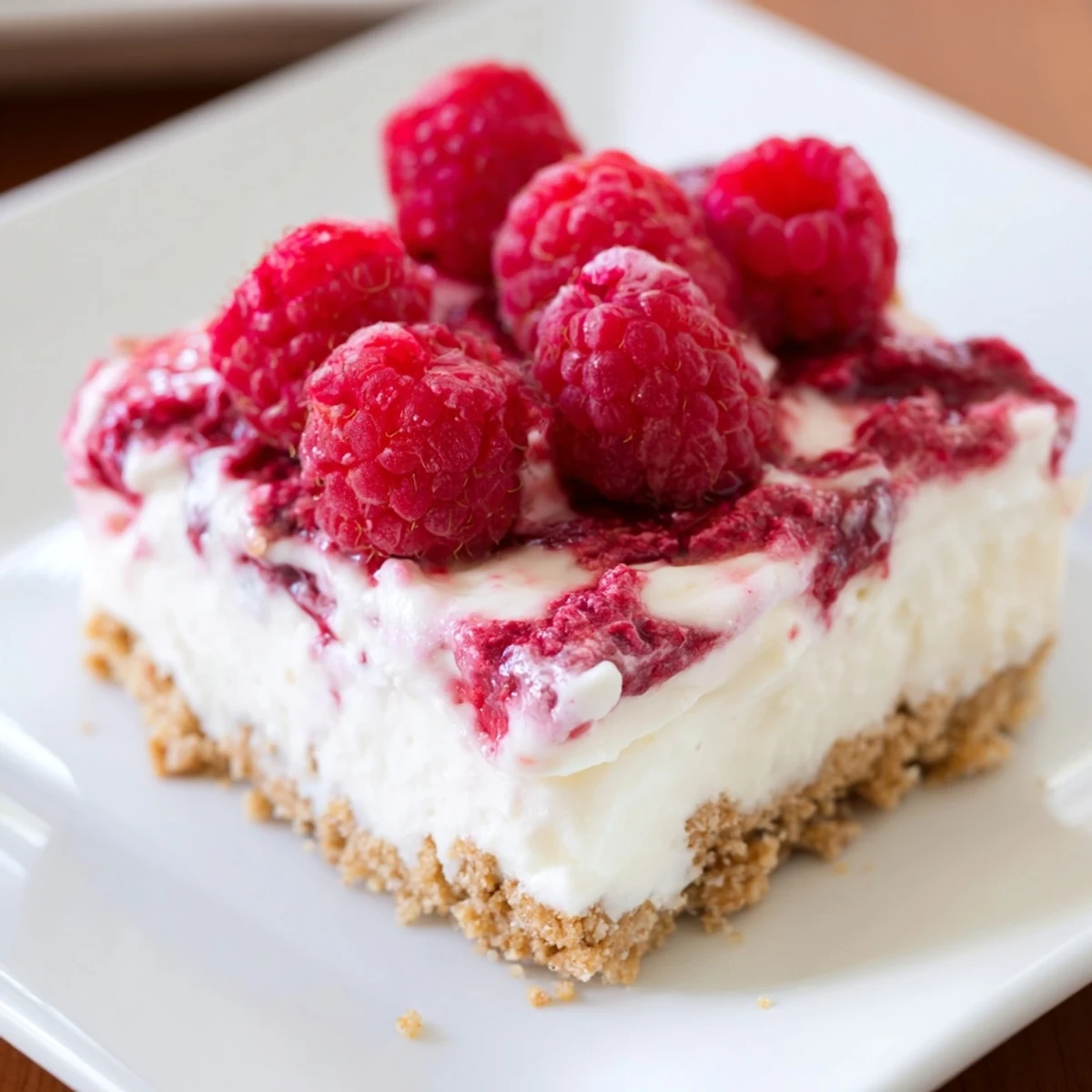 Easy no bake raspberry cream dessert showcasing whipped cream and fruit topping