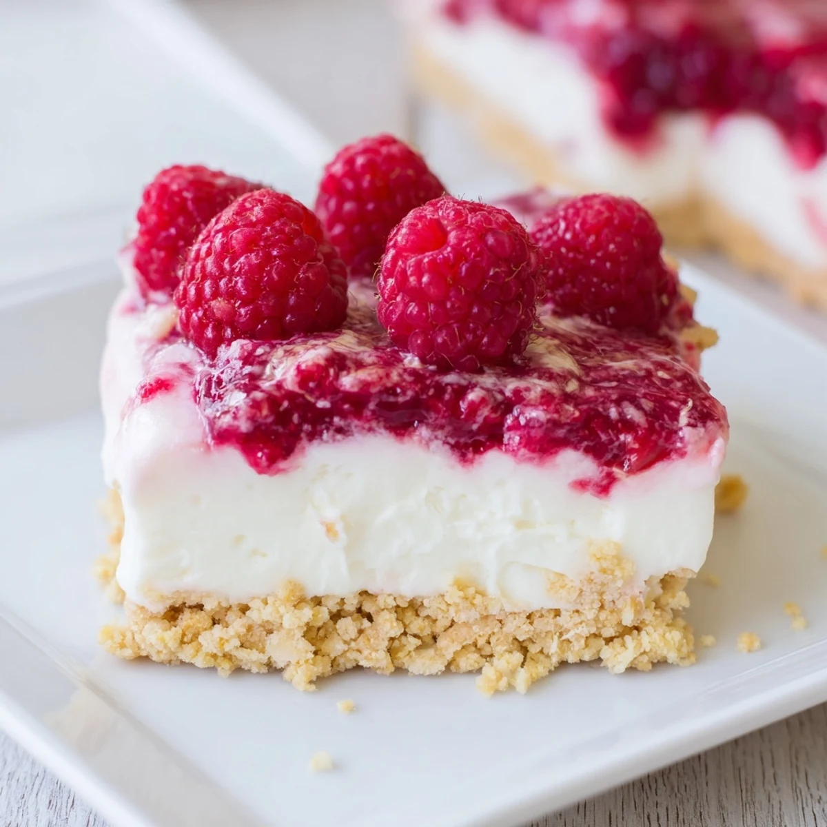 Silky raspberry cream dessert layered with bright red raspberries and cookie base