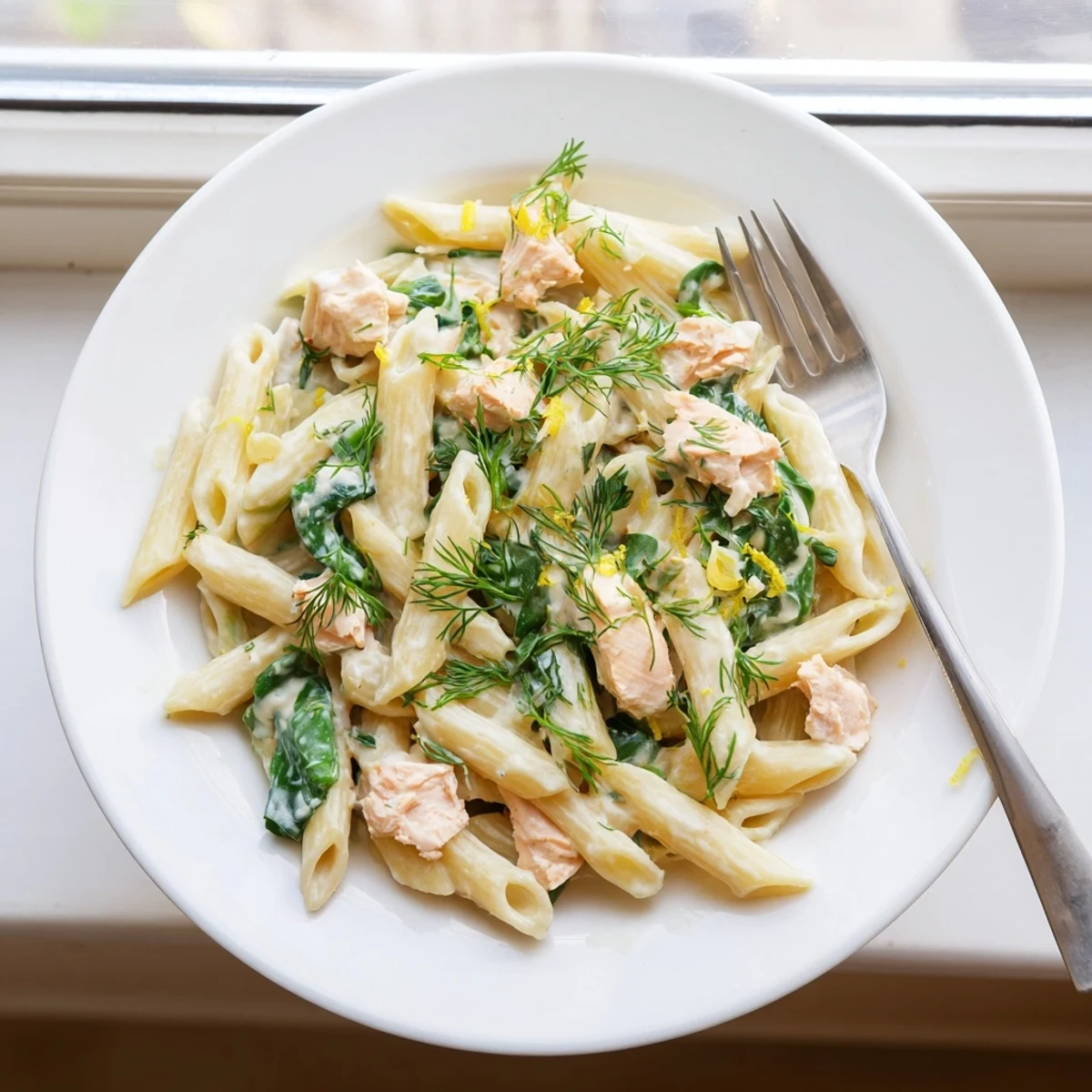 Creamy salmon penne tossed in rich garlic parmesan sauce with fresh herbs