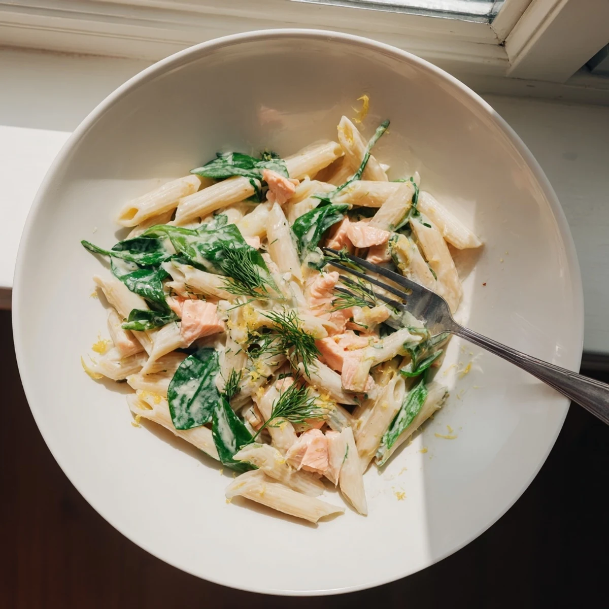 Golden penne pasta with tender salmon and spinach in silky white cream sauce