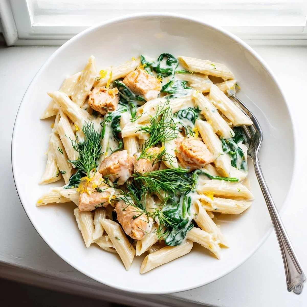 Flaky salmon pieces nestled in al dente penne with velvety lemon cream sauce
