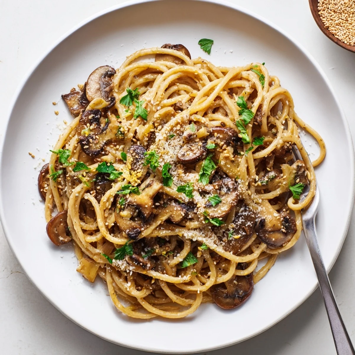 Golden brown mushrooms coat spaghetti in a velvety white miso cream sauce garnished with fresh chives