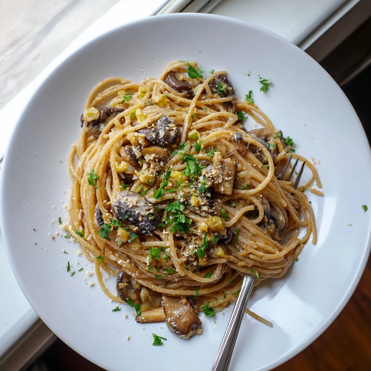 Creamy miso mushroom pasta dish featuring golden mushrooms in a rich umami sauce with Parmesan sprinkles