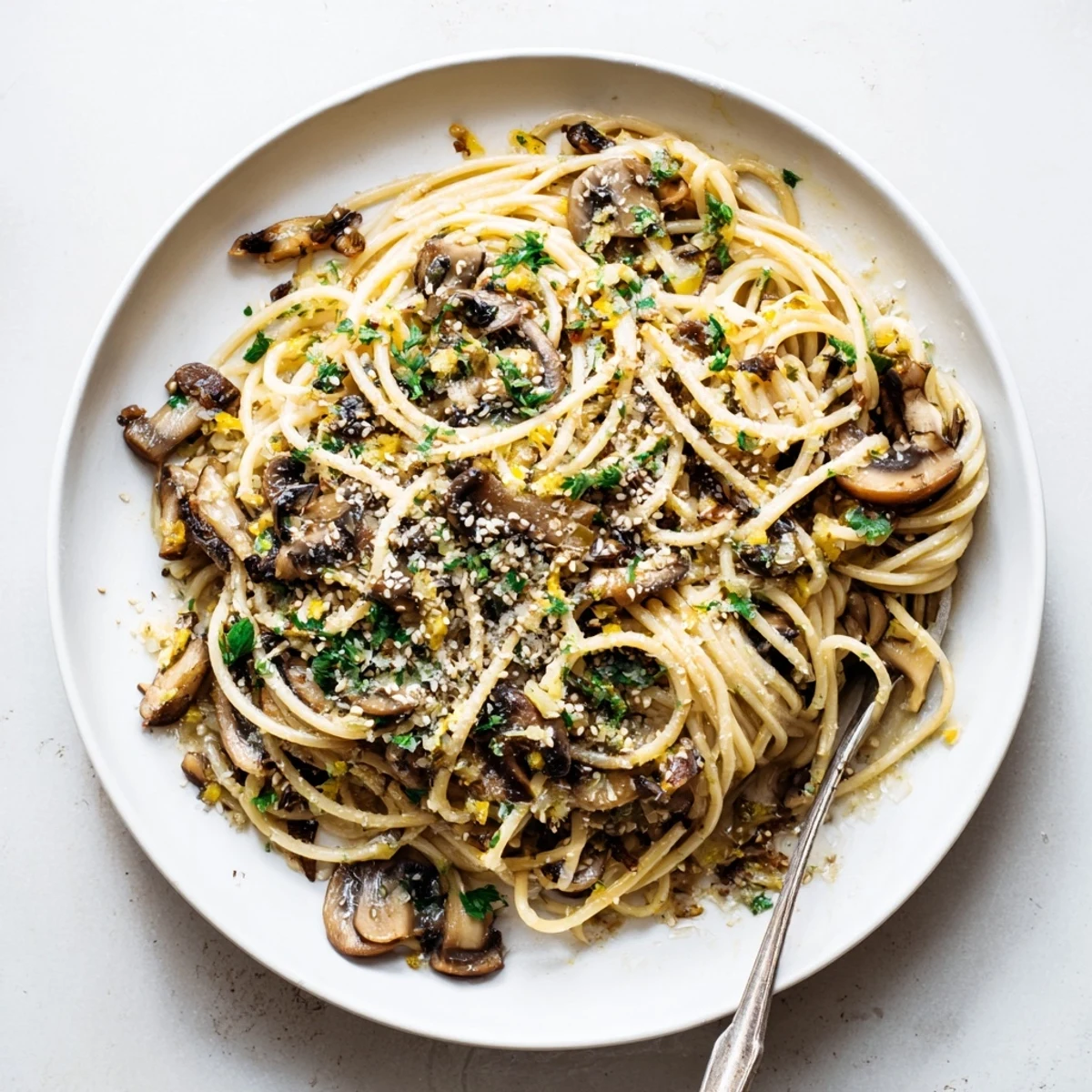 Twirl of fettuccine pasta tossed with sautéed mushrooms and silky miso cream sauce topped with sesame seeds