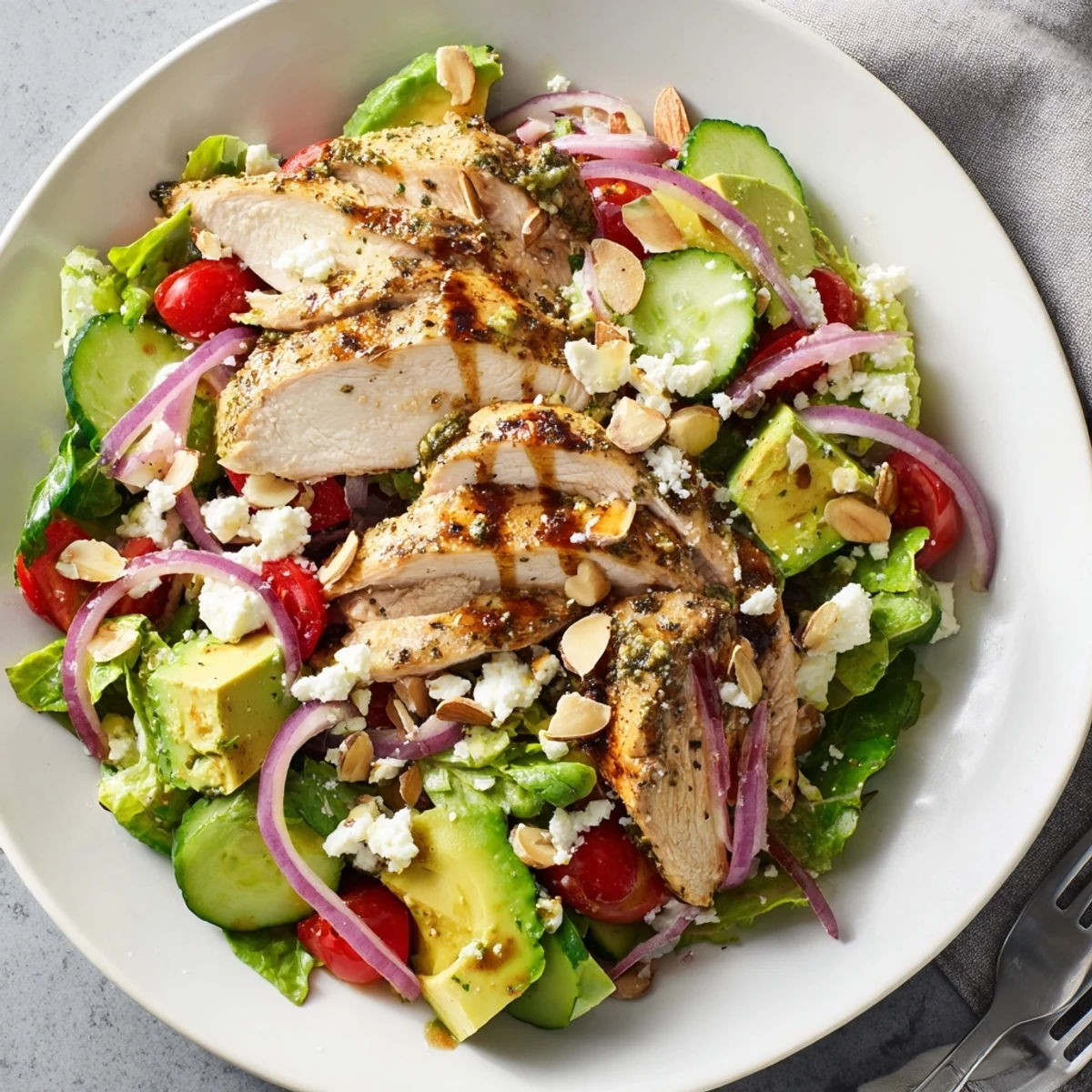 Fresh Grilled Chicken Salad Recipe featuring juicy seasoned chicken atop crisp mixed greens with colorful vegetables