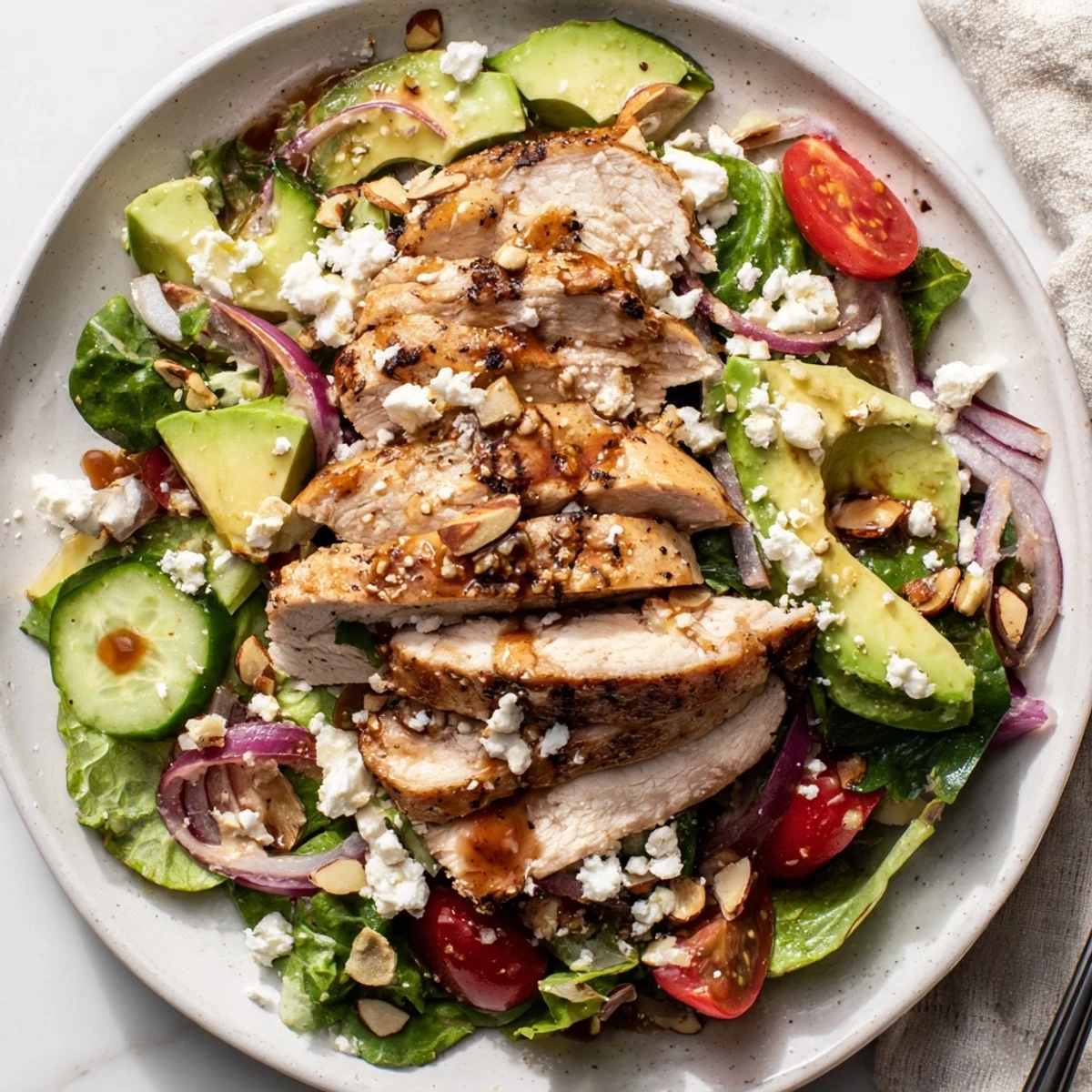 Colorful Grilled Chicken Salad Recipe plated with sliced chicken breast, cherry tomatoes, avocado, and tangy feta cheese