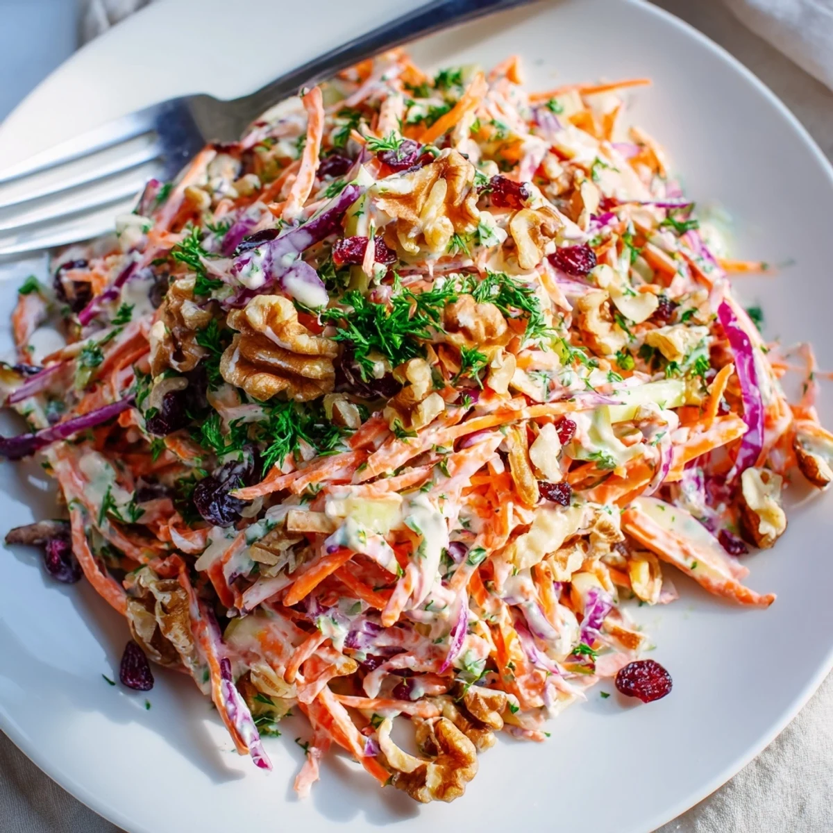 Fresh apple carrot slaw with crisp shredded vegetables coated in creamy tangy yogurt dressing