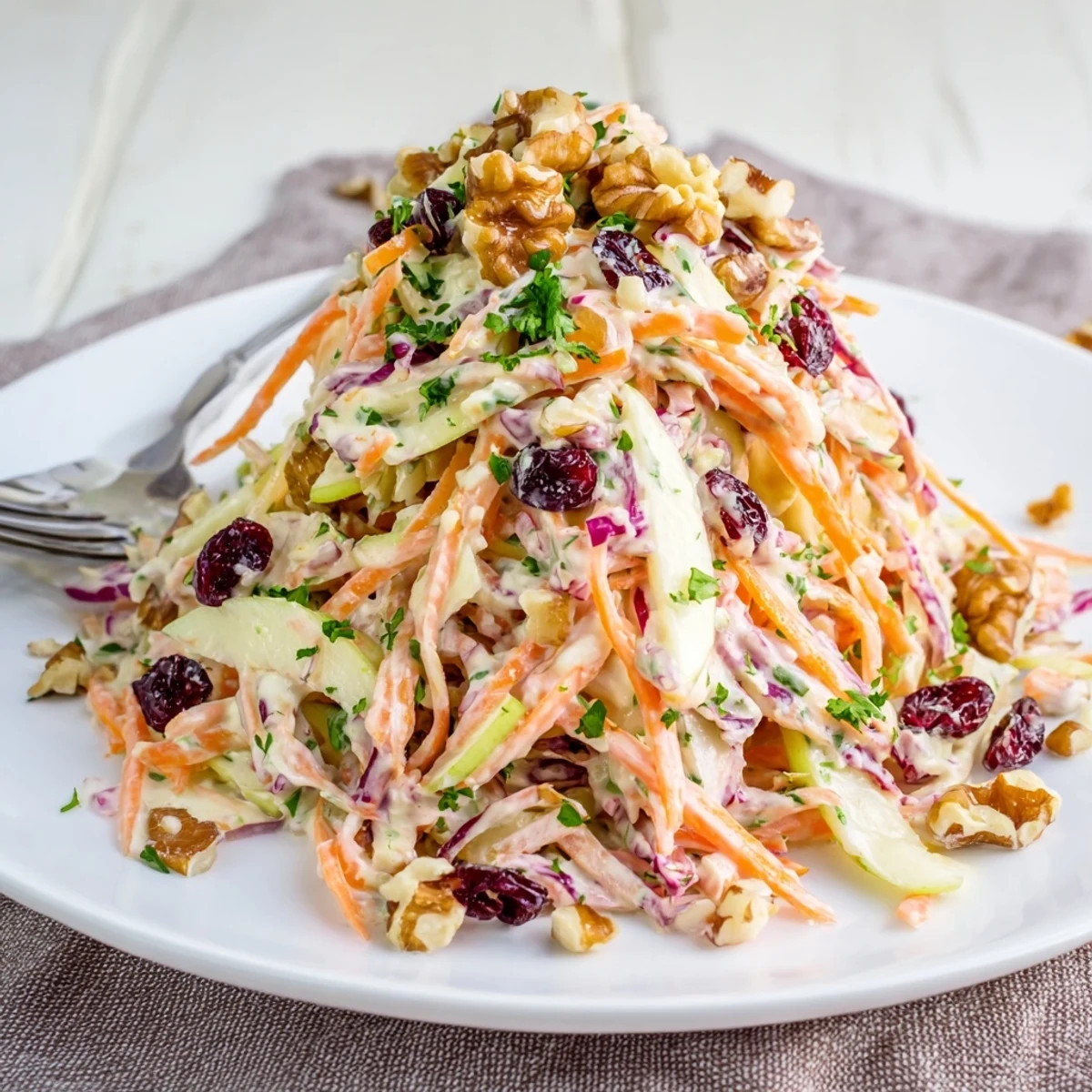Vibrant apple carrot slaw topped with parsley and optional nuts, perfect as refreshing side dish