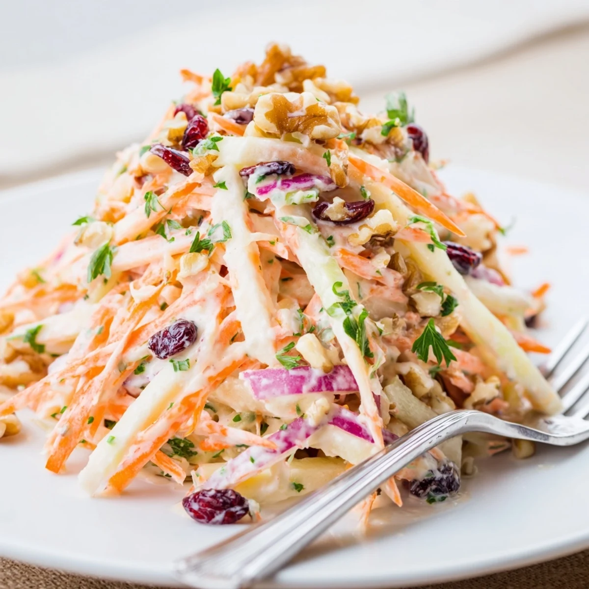 Colorful bowl of apple carrot slaw featuring julienned apples and grated carrots in honey-mustard dressing