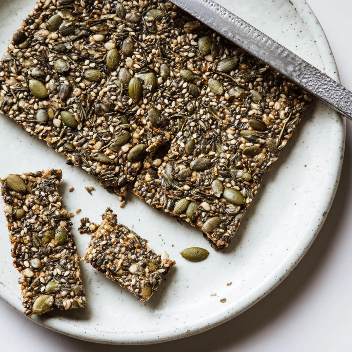 Crunchy homemade Seed Crackers breaking into golden shards beside hummus.