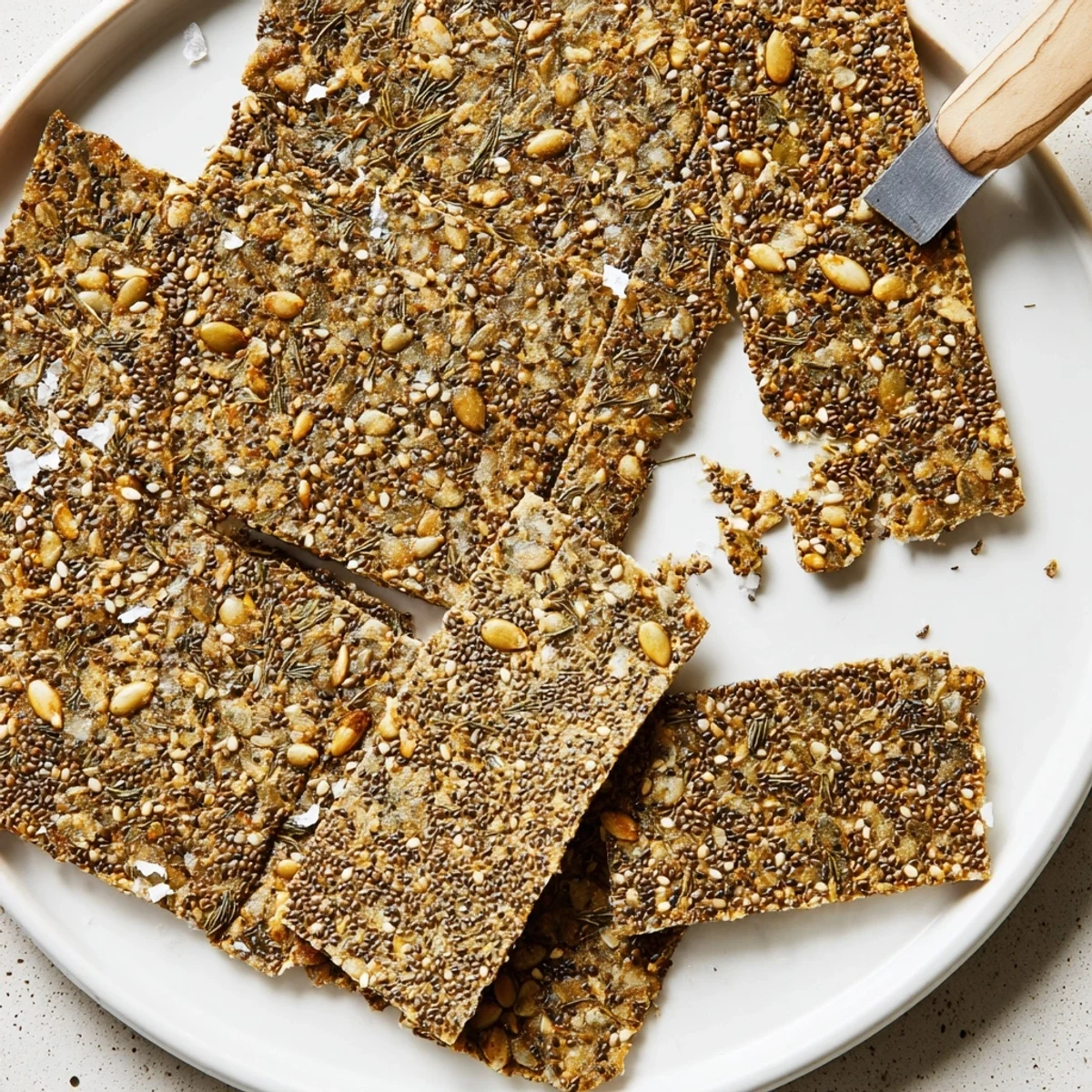 Thin baked Seed Crackers cooling on parchment, herb-scented and crisp.