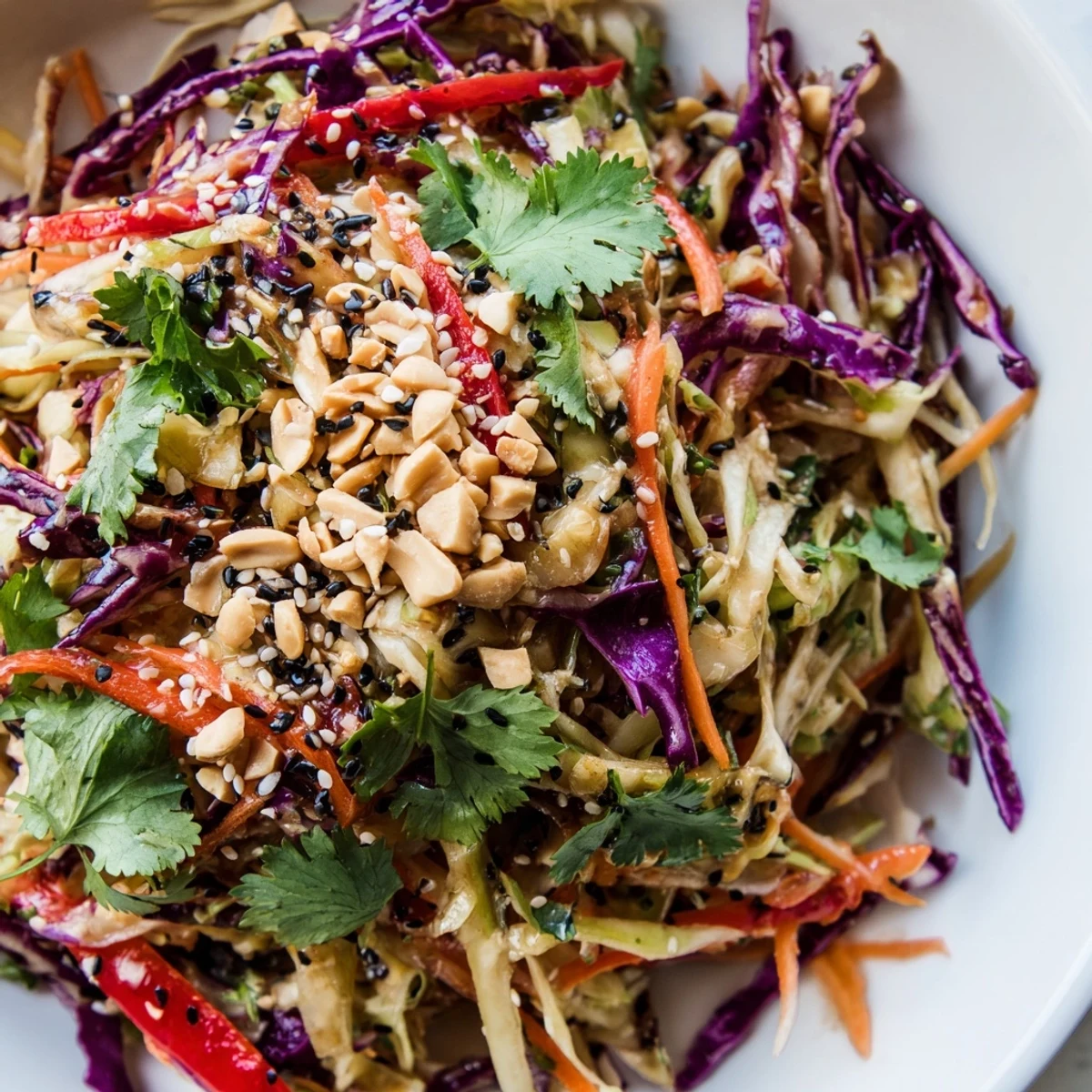 Garnished Asian cabbage salad topped with toasted sesame seeds and crushed peanuts over crisp shredded vegetables.