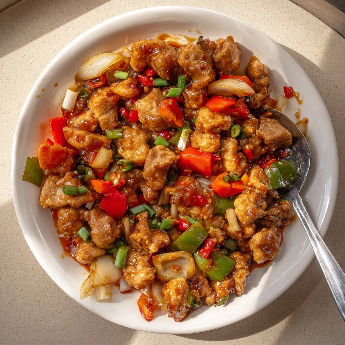 Steaming Flavorful Chilli Chicken Indo Chinese with vibrant peppers, onions, and scallion garnish