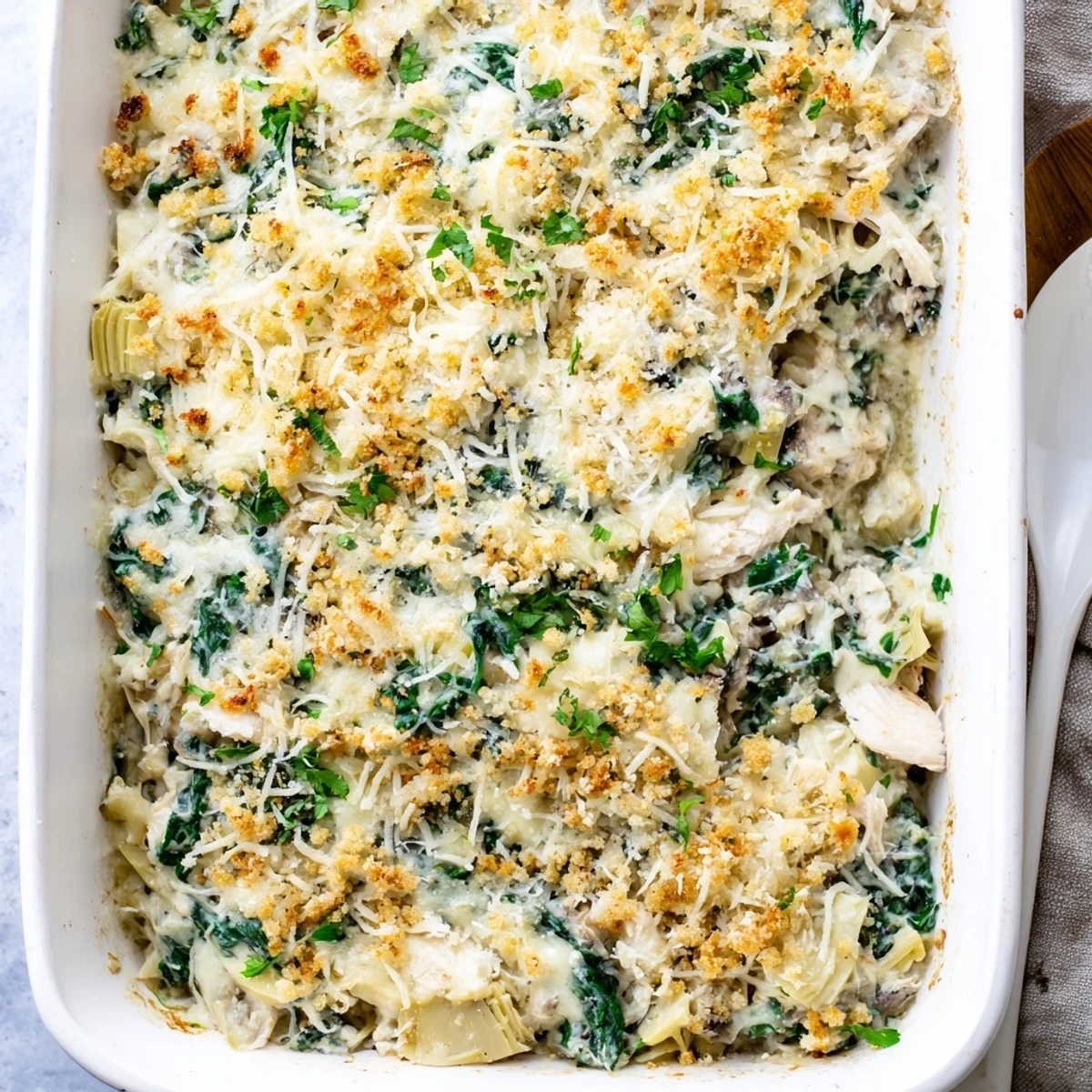 Creamy spinach and artichoke chicken casserole served in white baking dish with golden melted cheese topping
