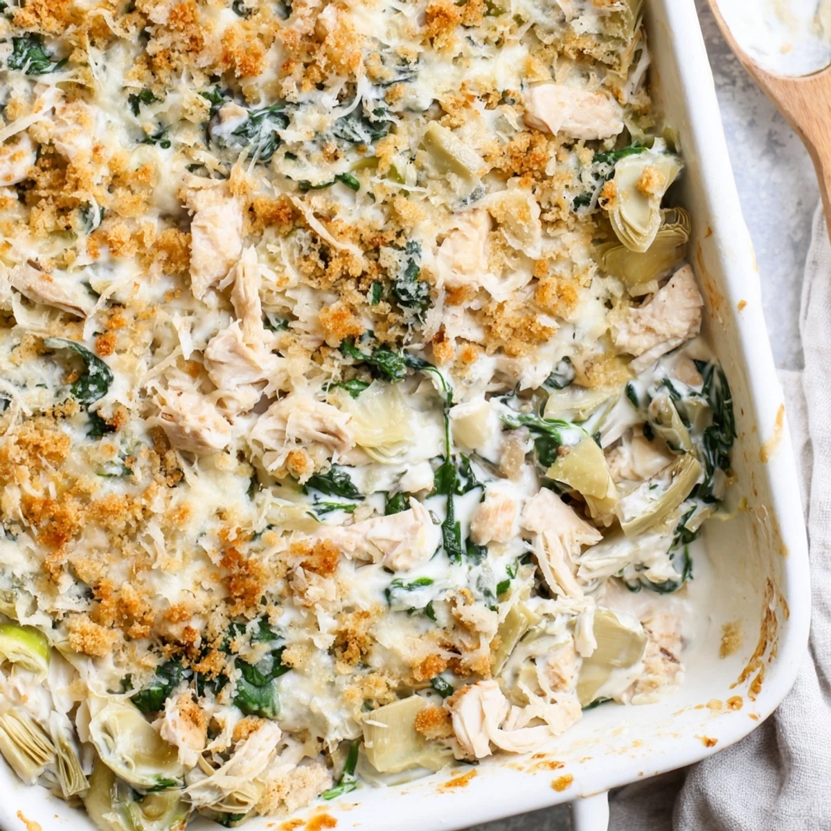 Hearty casserole bowl filled with tender spinach artichoke chicken and creamy sauce under crispy breadcrumb layer
