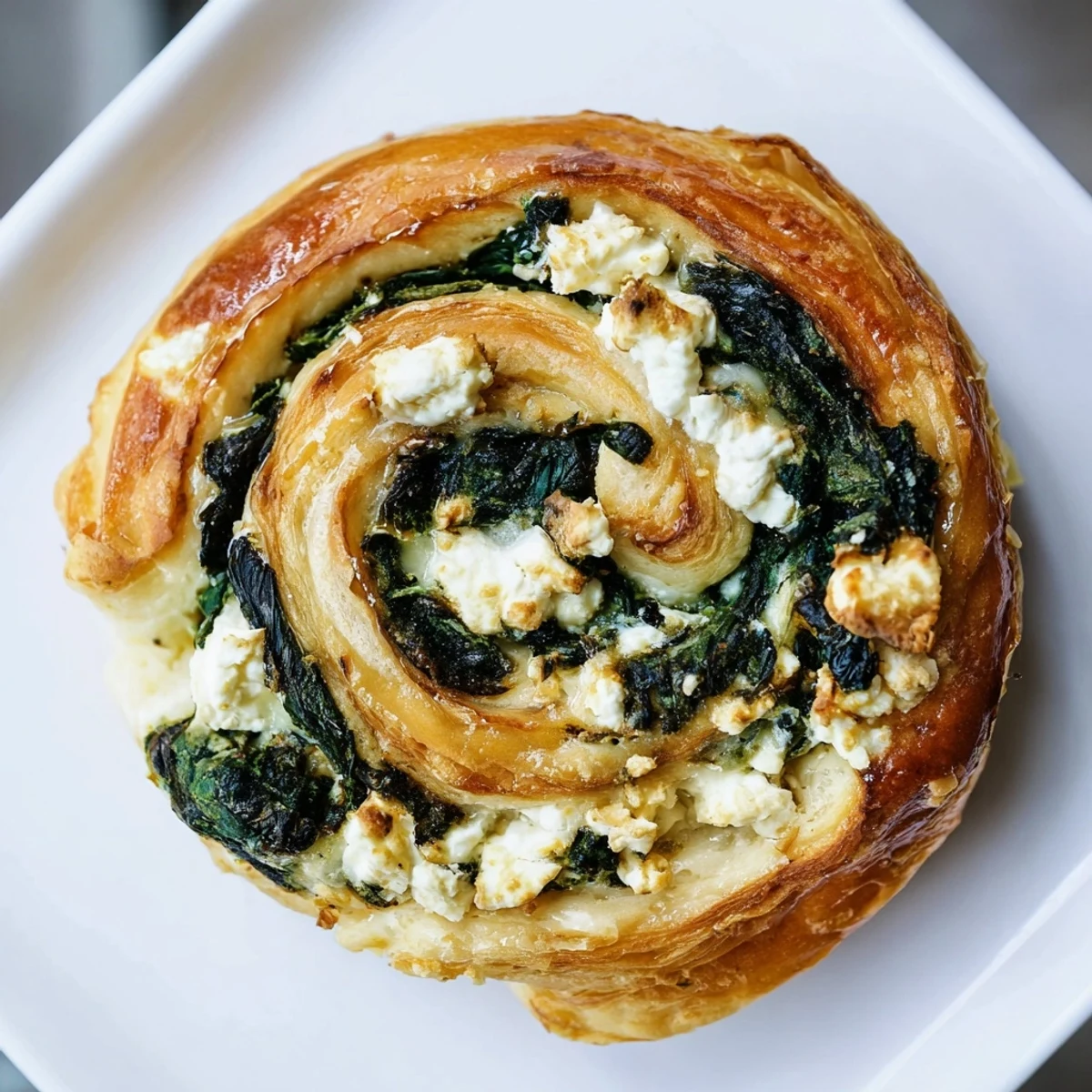 Golden baked gluten free spinach and feta pinwheels arranged on a white serving plate