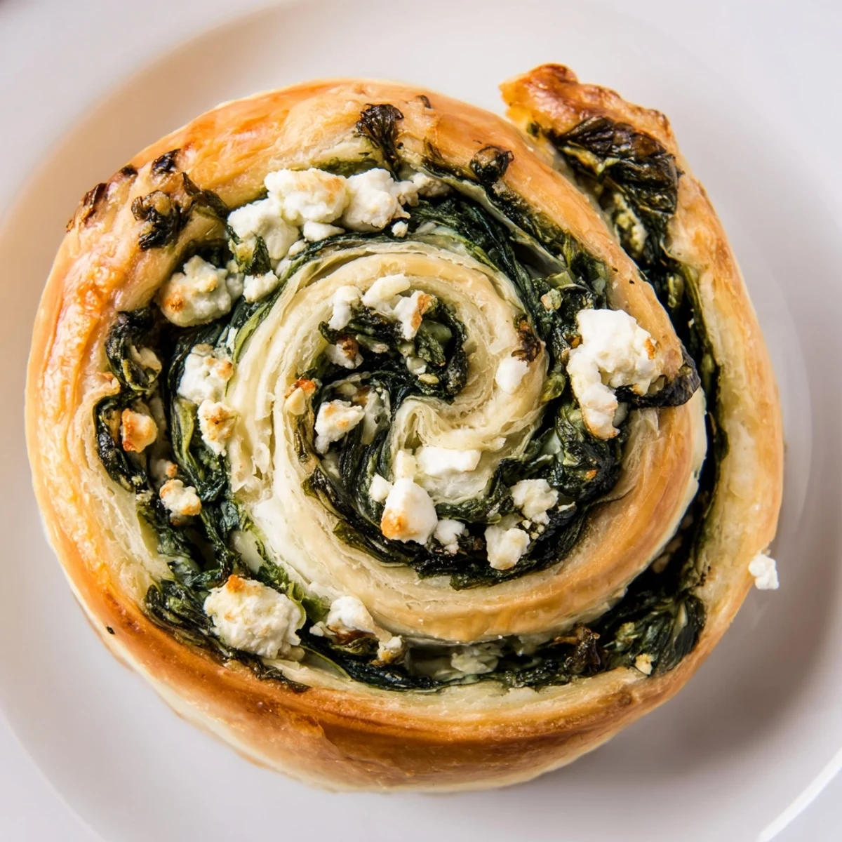 Mediterranean appetizer pinwheels with flaky golden layers and savory spinach feta filling clearly visible