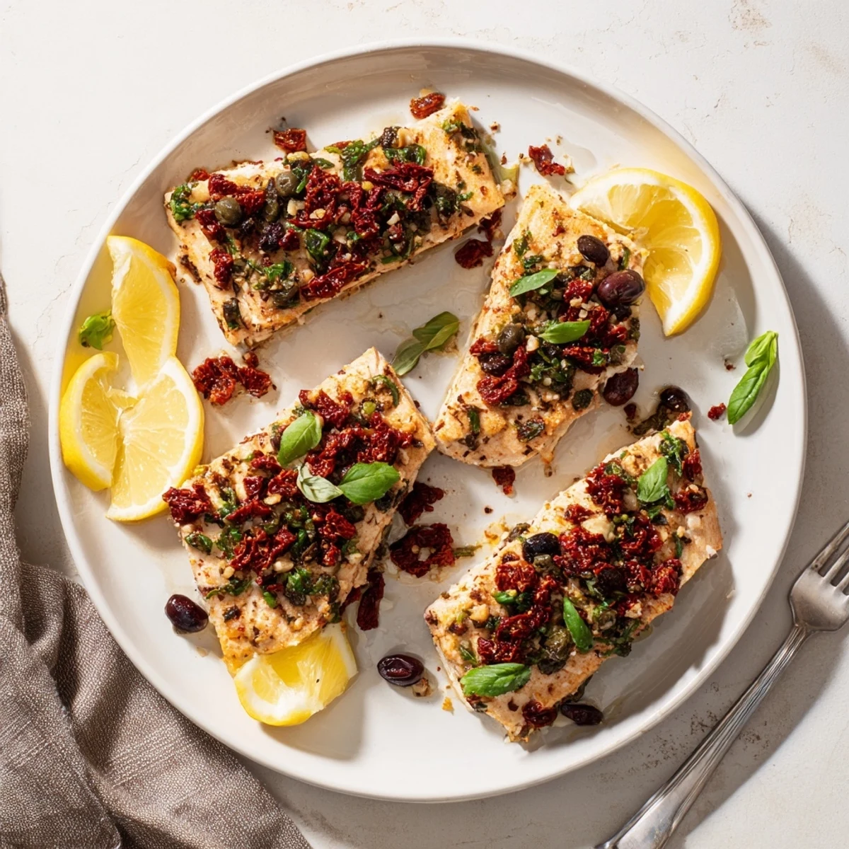 Golden baked mahi mahi fillets topped with vibrant sun-dried tomato and fresh basil mixture
