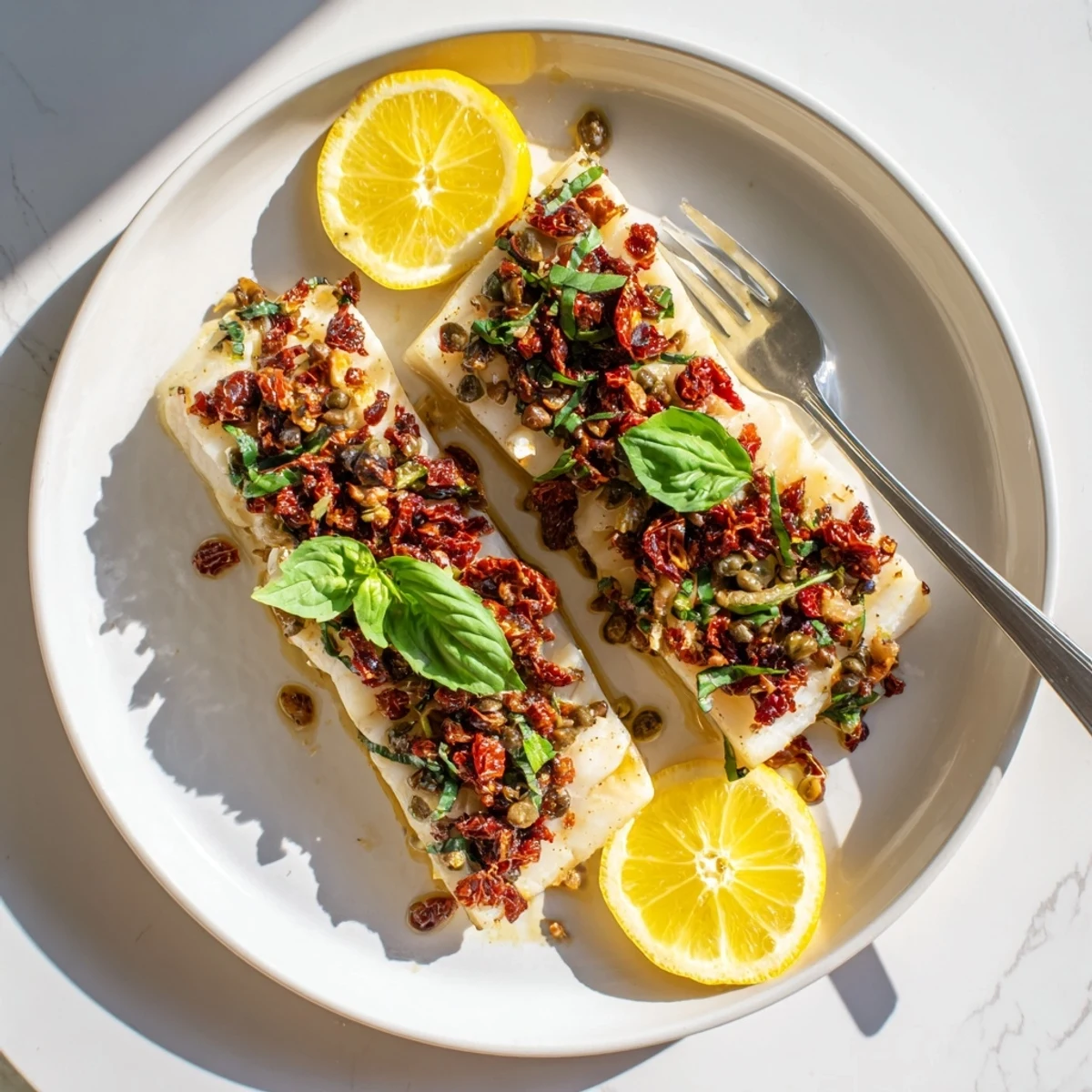 Mediterranean-style sun dried tomato basil mahi mahi served on white plate with lemon garnish