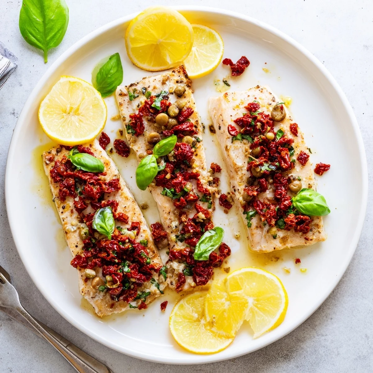 Flaky white fish fillet crowned with chunky sun-dried tomato basil topping and fresh green herbs