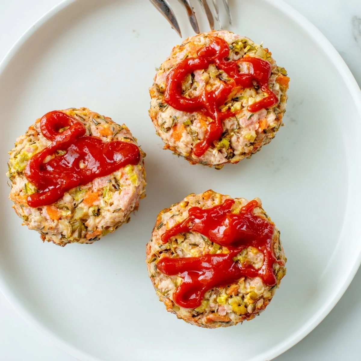 Golden brown turkey meatloaf muffins topped with ketchup glaze, fresh from the oven