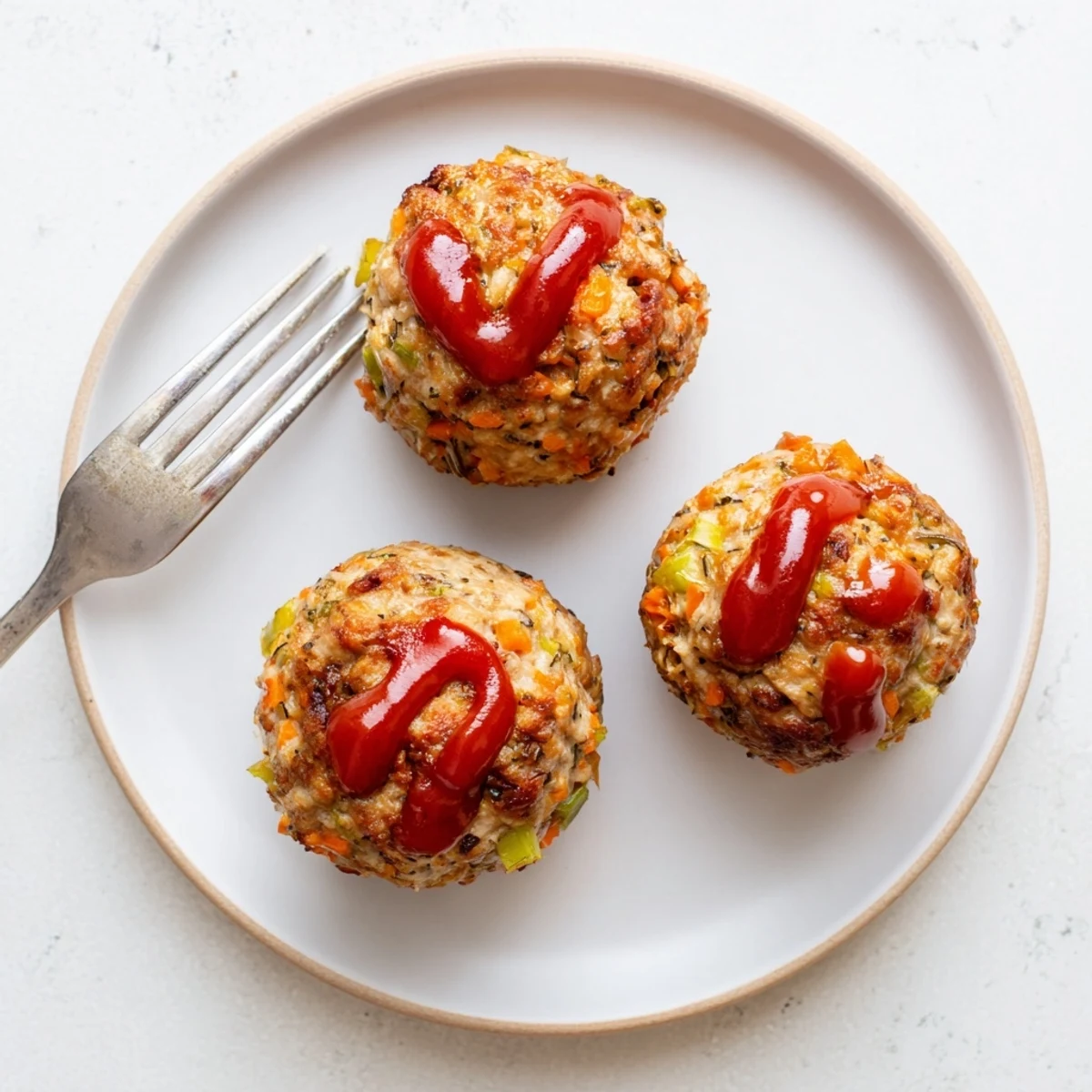Healthy turkey meatloaf muffins arranged in muffin tin with glossy ketchup glazed tops
